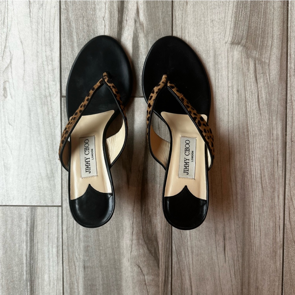 Jimmy Choi Ponyhair leopard mohair thong kitten slide 38